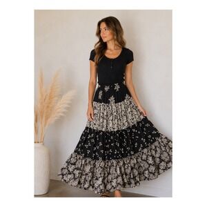 Vintage Prairie Fire Tiered Full Sweep Maxi Skirt Boho  Cottagecore Prairie OSFA